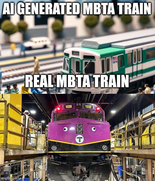 AI GENERATED MBTA TRAIN; REAL MBTA TRAIN | image tagged in dumb mbta train,train,railroad | made w/ Imgflip meme maker