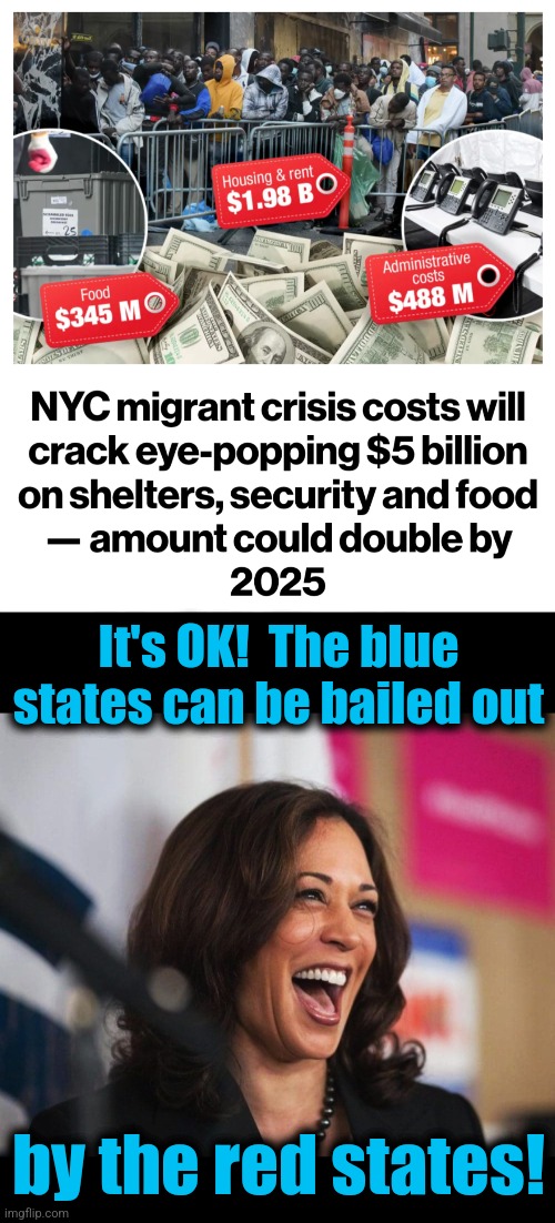 The plan | It's OK!  The blue states can be bailed out; by the red states! | image tagged in cackling kamala harris,memes,democrats,new york city,migrants,crashing the system | made w/ Imgflip meme maker