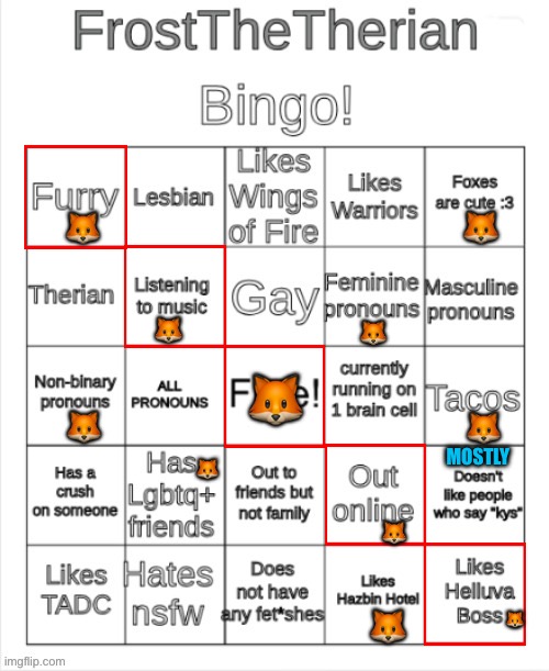 Frost the Therians bingo | 🦊; 🦊; 🦊; 🦊; 🦊; 🦊; 🦊; MOSTLY; 🦊; 🦊; 🦊; 🦊 | image tagged in frost the therians bingo,bingo,lgbtq,furry,therian,non binary | made w/ Imgflip meme maker