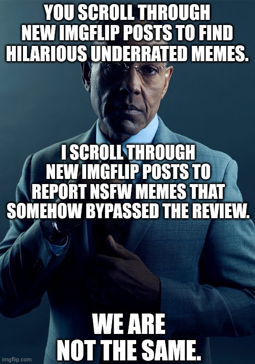 Why are a few NSFW posts marked SFW, and how do the reviewers not catch that??? | YOU SCROLL THROUGH NEW IMGFLIP POSTS TO FIND HILARIOUS UNDERRATED MEMES. I SCROLL THROUGH NEW IMGFLIP POSTS TO REPORT NSFW MEMES THAT SOMEHOW BYPASSED THE REVIEW. WE ARE NOT THE SAME. | image tagged in gus fring we are not the same | made w/ Imgflip meme maker