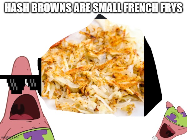 Hash browns | HASH BROWNS ARE SMALL FRENCH FRYS | image tagged in food | made w/ Imgflip meme maker