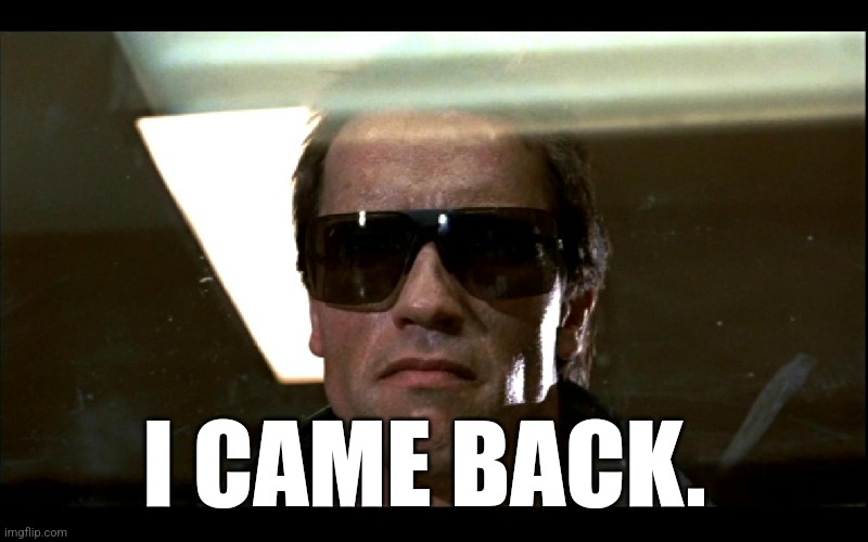 I'm back | I CAME BACK. | image tagged in terminator,arnold,arnold schwarzenegger,1980s,sci-fi | made w/ Imgflip meme maker