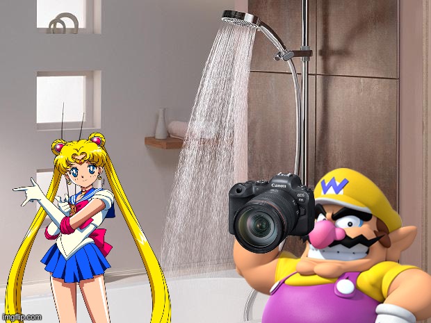 Wario dies by Sailor moon beating him up while filming her taking a shower bath | image tagged in shower bath,sailor moon,anime,wario dies,wario,crossover | made w/ Imgflip meme maker