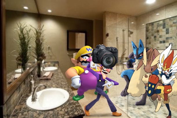 Wario and Waluigi dies by getting beat up by Lucario,Lopunny,Cinderace while filming them in the Bathroom shower | image tagged in bathroom design and makeovers,wario dies,pokemon,crossover,wario,waluigi | made w/ Imgflip meme maker