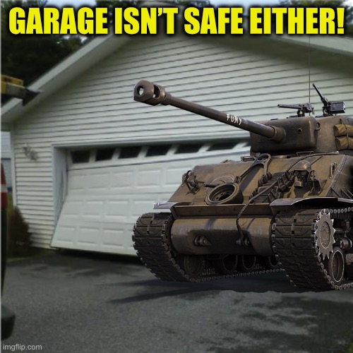 Garage door | GARAGE ISN’T SAFE EITHER! | image tagged in garage door | made w/ Imgflip meme maker