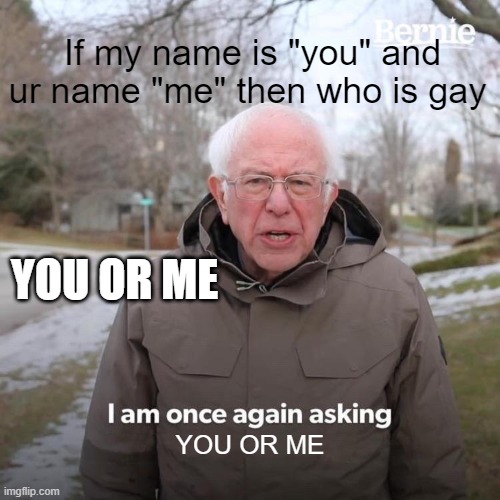 YOU OR ME | If my name is "you" and ur name "me" then who is gay; YOU OR ME; YOU OR ME | image tagged in memes,bernie i am once again asking for your support | made w/ Imgflip meme maker