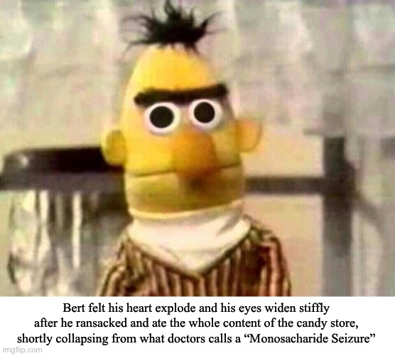 Monosacharide Seizure | Bert felt his heart explode and his eyes widen stiffly after he ransacked and ate the whole content of the candy store, shortly collapsing from what doctors calls a “Monosacharide Seizure” | image tagged in sesame street bert | made w/ Imgflip meme maker