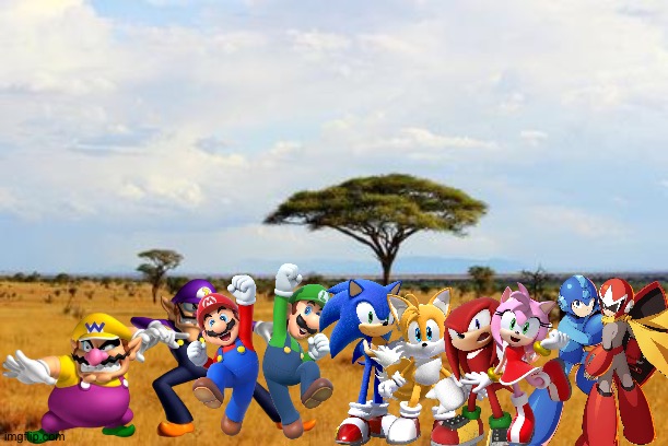 Wario and Friends having a adventure at the savanna | image tagged in savannah,super mario,megaman,sonic the hedgehog,wario,crossover | made w/ Imgflip meme maker