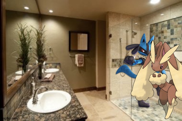 Lucario and Lopunny having a romantic moment in the bathroom shower | image tagged in bathroom design and makeovers,pokemon | made w/ Imgflip meme maker