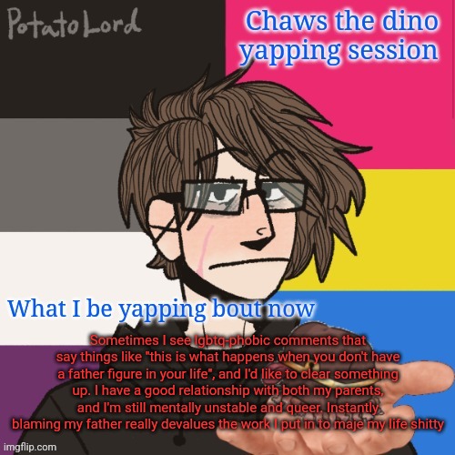 Chaws_the_dino announcement temp | Sometimes I see lgbtq-phobic comments that say things like "this is what happens when you don't have a father figure in your life", and I'd like to clear something up. I have a good relationship with both my parents, and I'm still mentally unstable and queer. Instantly blaming my father really devalues the work I put in to maje my life shitty | image tagged in chaws_the_dino announcement temp | made w/ Imgflip meme maker