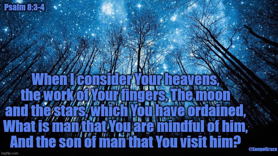 Psalm 8:3-4 | Psalm 8:3-4; When I consider Your heavens, the work of Your fingers, The moon and the stars, which You have ordained, What is man that You are mindful of him,
And the son of man that You visit him? @SongofGrace | image tagged in starry night,biblical theme | made w/ Imgflip meme maker