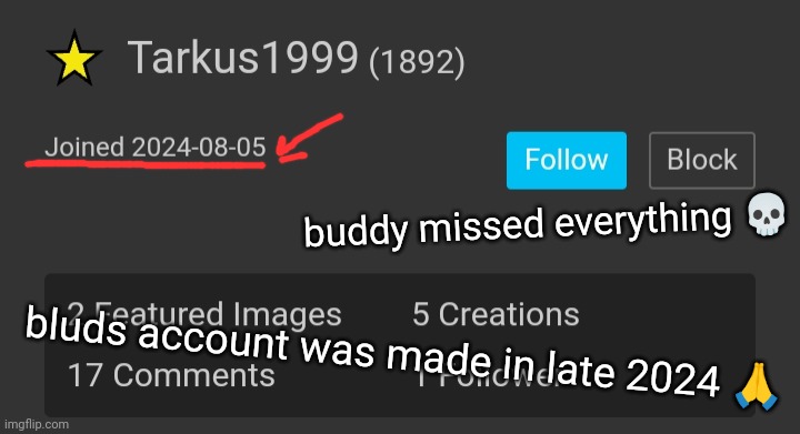 buddy missed everything 💀; bluds account was made in late 2024 🙏 | made w/ Imgflip meme maker