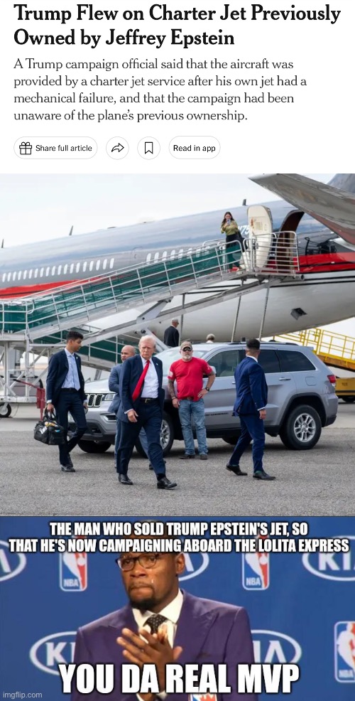 Trump flies Epstein‘s ‚Lolita Express‘ | image tagged in trump,epstein,kamala harris | made w/ Imgflip meme maker