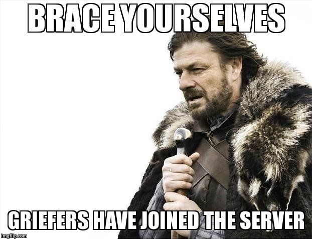 Brace Yourselves X is Coming | BRACE YOURSELVES GRIEFERS HAVE JOINED THE SERVER | image tagged in memes,brace yourselves x is coming | made w/ Imgflip meme maker