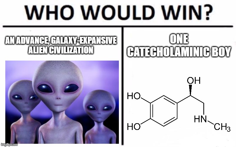 Indomitable human anger burst | AN ADVANCE, GALAXY-EXPANSIVE ALIEN CIVILIZATION; ONE CATECHOLAMINIC BOY | image tagged in memes,who would win | made w/ Imgflip meme maker