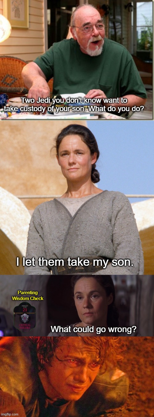 DM and Shmi Skywalker | Two Jedi you don't know want to take custody of your son. What do you do? I let them take my son. Parenting
Wisdom Check; What could go wrong? | image tagged in dungeon master,anakin burning,star wars | made w/ Imgflip meme maker