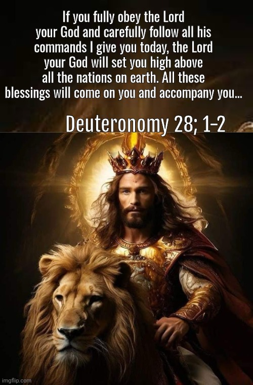 Deuteronomy 28, 2-1 Bible quote blessed | If you fully obey the Lord your God and carefully follow all his commands I give you today, the Lord your God will set you high above all the nations on earth. All these blessings will come on you and accompany you... Deuteronomy 28; 1-2 | image tagged in bible verse,jesus,lion | made w/ Imgflip meme maker