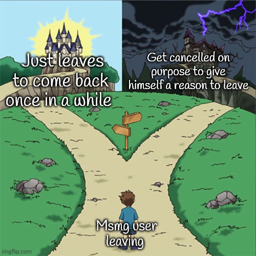 You all know which path i took | Just leaves to come back once in a while; Get cancelled on purpose to give himself a reason to leave; Msmg user leaving | image tagged in two paths | made w/ Imgflip meme maker