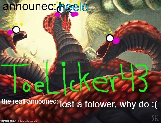 toelicker announec | lost a folower, why do :( | image tagged in toelicker announec | made w/ Imgflip meme maker