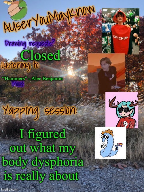 Auymk fall 2024 | Closed; “Hammers” - Alec Benjamin; I figured out what my body dysphoria is really about | image tagged in auymk fall 2024 | made w/ Imgflip meme maker