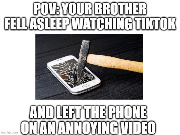 POV: YOUR BROTHER FELL ASLEEP WATCHING TIKTOK; AND LEFT THE PHONE ON AN ANNOYING VIDEO | image tagged in siblings,social media | made w/ Imgflip meme maker