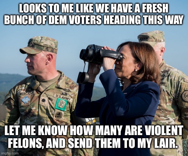 Kamala Harris at Border | LOOKS TO ME LIKE WE HAVE A FRESH BUNCH OF DEM VOTERS HEADING THIS WAY; LET ME KNOW HOW MANY ARE VIOLENT FELONS, AND SEND THEM TO MY LAIR. | image tagged in kamala harris at border | made w/ Imgflip meme maker