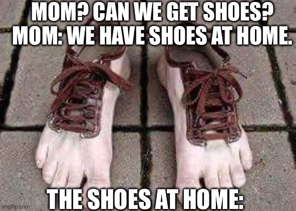 Issj | MOM? CAN WE GET SHOES?

MOM: WE HAVE SHOES AT HOME. THE SHOES AT HOME: | image tagged in feet shoes | made w/ Imgflip meme maker