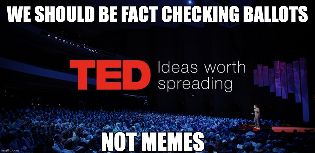 Ted talks | WE SHOULD BE FACT CHECKING BALLOTS; NOT MEMES | image tagged in ted talks | made w/ Imgflip meme maker