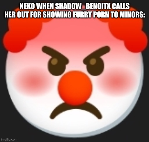 angry clown | NEKO WHEN SHADOW_BENOITX CALLS HER OUT FOR SHOWING FURRY PORN TO MINORS: | image tagged in angry clown | made w/ Imgflip meme maker