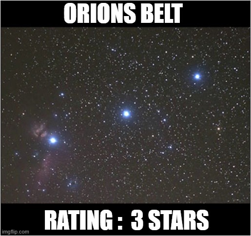 Cosmology Appreciation Scale | ORIONS BELT; RATING :  3 STARS | image tagged in cosmology,orions belt,star rating | made w/ Imgflip meme maker