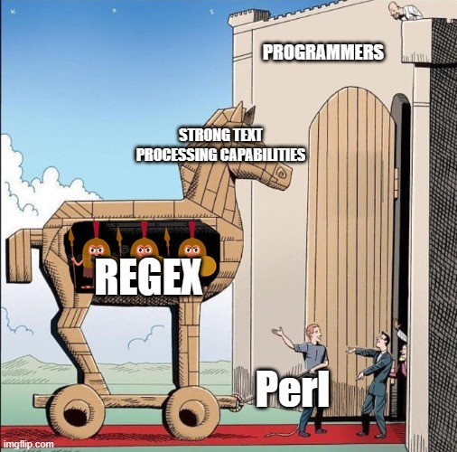 Trojan Horse | PROGRAMMERS; STRONG TEXT PROCESSING CAPABILITIES; REGEX; Perl | image tagged in trojan horse | made w/ Imgflip meme maker