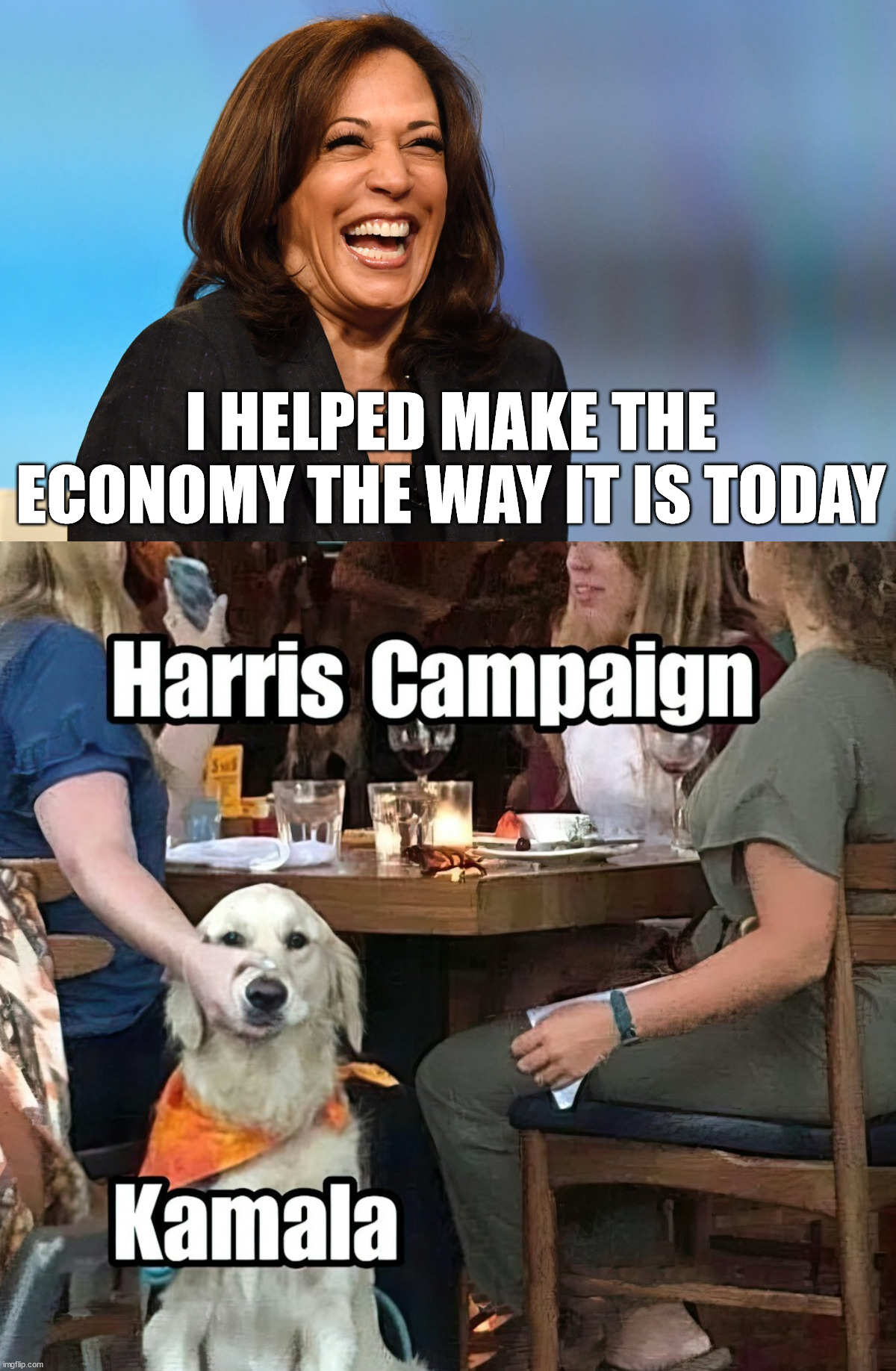 Playing keep away so people forget how horrible she is | I HELPED MAKE THE ECONOMY THE WAY IT IS TODAY | image tagged in kamala harris laughing,hiding | made w/ Imgflip meme maker