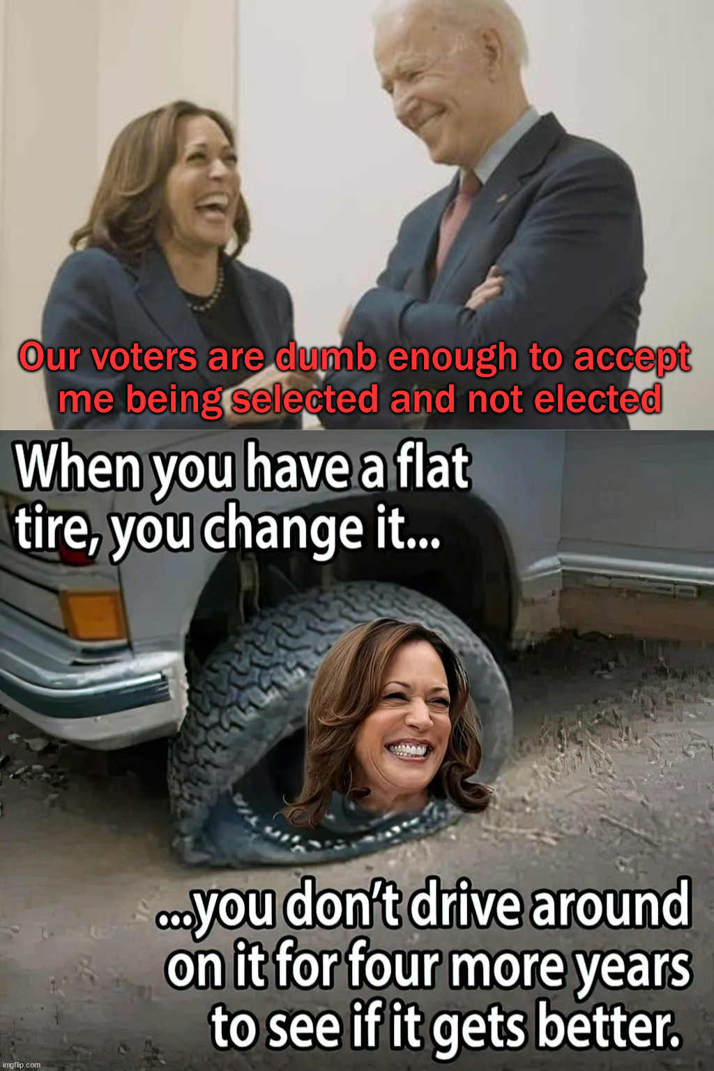 Need to change the direction of our country too | Our voters are dumb enough to accept 
me being selected and not elected | image tagged in biden harris laughing | made w/ Imgflip meme maker