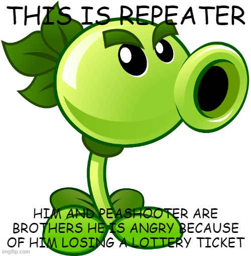 Repeater | THIS IS REPEATER; HIM AND PEASHOOTER ARE BROTHERS HE IS ANGRY BECAUSE OF HIM LOSING A LOTTERY TICKET | image tagged in repeater | made w/ Imgflip meme maker