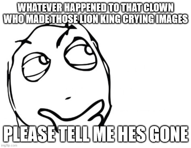 hmmm | WHATEVER HAPPENED TO THAT CLOWN WHO MADE THOSE LION KING CRYING IMAGES; PLEASE TELL ME HES GONE | image tagged in hmmm | made w/ Imgflip meme maker