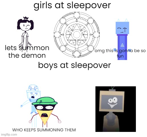 sleepove be like | girls at sleepover; lets summon the demon; omg this is gonna be so
fun; boys at sleepover; WHO KEEPS SUMMONING THEM | image tagged in blank white template,sleepover | made w/ Imgflip meme maker