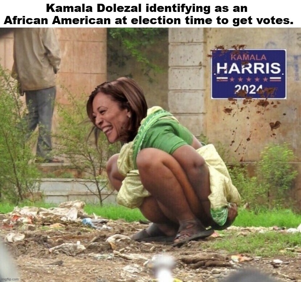 Kamala Dolezal identifying as an African American at election time. | image tagged in kamala harris,rachel dolezal,cultural appropriation,racial appropriation,shithole,shit for brains | made w/ Imgflip meme maker