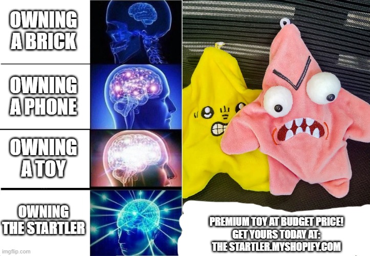 Get yours today! (thestartler.myshopify.com) | OWNING A BRICK; OWNING A PHONE; OWNING A TOY; OWNING THE STARTLER; PREMIUM TOY AT BUDGET PRICE!
GET YOURS TODAY AT:
THE STARTLER.MYSHOPIFY.COM | image tagged in memes,expanding brain | made w/ Imgflip meme maker