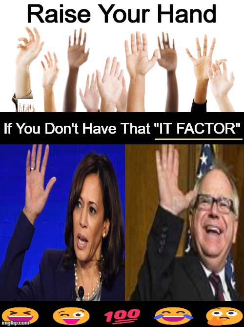 Understatement of the Year | Raise Your Hand; If You Don't Have That "IT FACTOR"; ________ | image tagged in political humor,it factor,not even once,repellants,losers,pesky fact | made w/ Imgflip meme maker