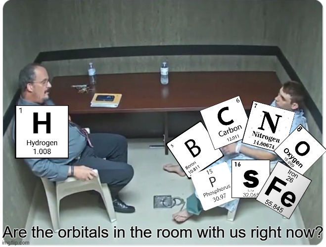 Heavy Atoms Be Like | Are the orbitals in the room with us right now? | image tagged in is it in the room with us right now,chemistry,pchem,quantum mechanics | made w/ Imgflip meme maker