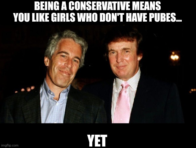 Trump Epstein | BEING A CONSERVATIVE MEANS YOU LIKE GIRLS WHO DON'T HAVE PUBES... YET | image tagged in trump epstein,scumbag republicans,terrorists,conservative hypocrisy,trailer trash,pedophiles | made w/ Imgflip meme maker