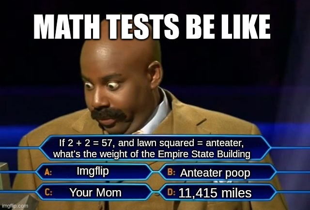 His face says it all | MATH TESTS BE LIKE; If 2 + 2 = 57, and lawn squared = anteater, what's the weight of the Empire State Building; Imgflip; Anteater poop; 11,415 miles; Your Mom | image tagged in who wants to be a millionaire,memes,math,relatable | made w/ Imgflip meme maker