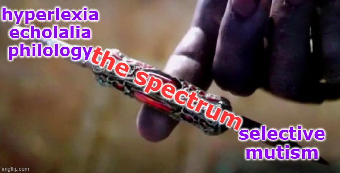 both true, all true, and sometimes I have no words | hyperlexia
echolalia
philology; the spectrum; selective
mutism | image tagged in thanos perfectly balanced,autism,words,silence,why not both | made w/ Imgflip meme maker