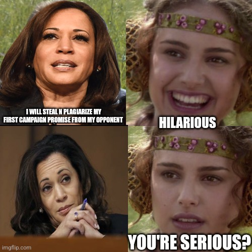 Plagiarize kamala | I WILL STEAL N PLAGIARIZE MY FIRST CAMPAIGN PROMISE FROM MY OPPONENT; HILARIOUS; YOU'RE SERIOUS? | image tagged in for the better right blank | made w/ Imgflip meme maker