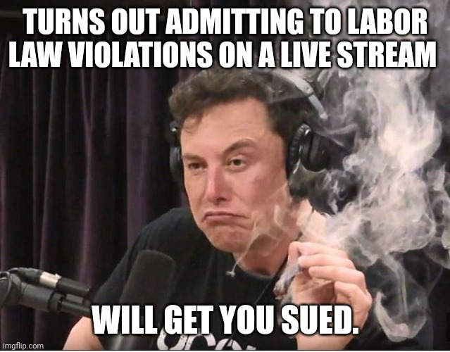 Elon Musk smoking a joint | TURNS OUT ADMITTING TO LABOR LAW VIOLATIONS ON A LIVE STREAM; WILL GET YOU SUED. | image tagged in elon musk smoking a joint | made w/ Imgflip meme maker