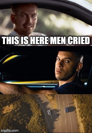 fast and furious 7 final scene | THIS IS HERE MEN CRIED | image tagged in fast and furious 7 final scene | made w/ Imgflip meme maker