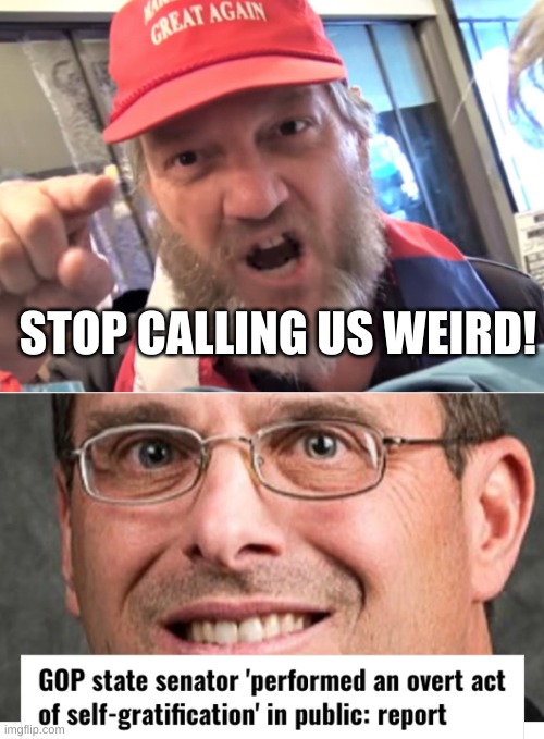 GOP Wankers | STOP CALLING US WEIRD! | image tagged in angry trumper maga white supremacist,weird,weird gop,gop is weird | made w/ Imgflip meme maker