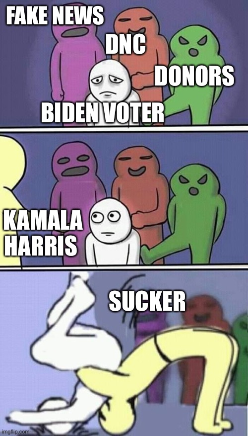 Democrat voters being played again | FAKE NEWS; DNC; DONORS; BIDEN VOTER; KAMALA HARRIS; SUCKER | image tagged in problems stress pain finish him | made w/ Imgflip meme maker