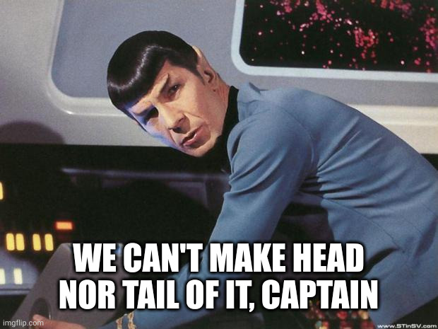 Spock | WE CAN'T MAKE HEAD NOR TAIL OF IT, CAPTAIN | image tagged in spock | made w/ Imgflip meme maker