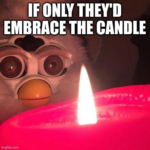 Furby Candle | IF ONLY THEY'D EMBRACE THE CANDLE | image tagged in furby candle | made w/ Imgflip meme maker